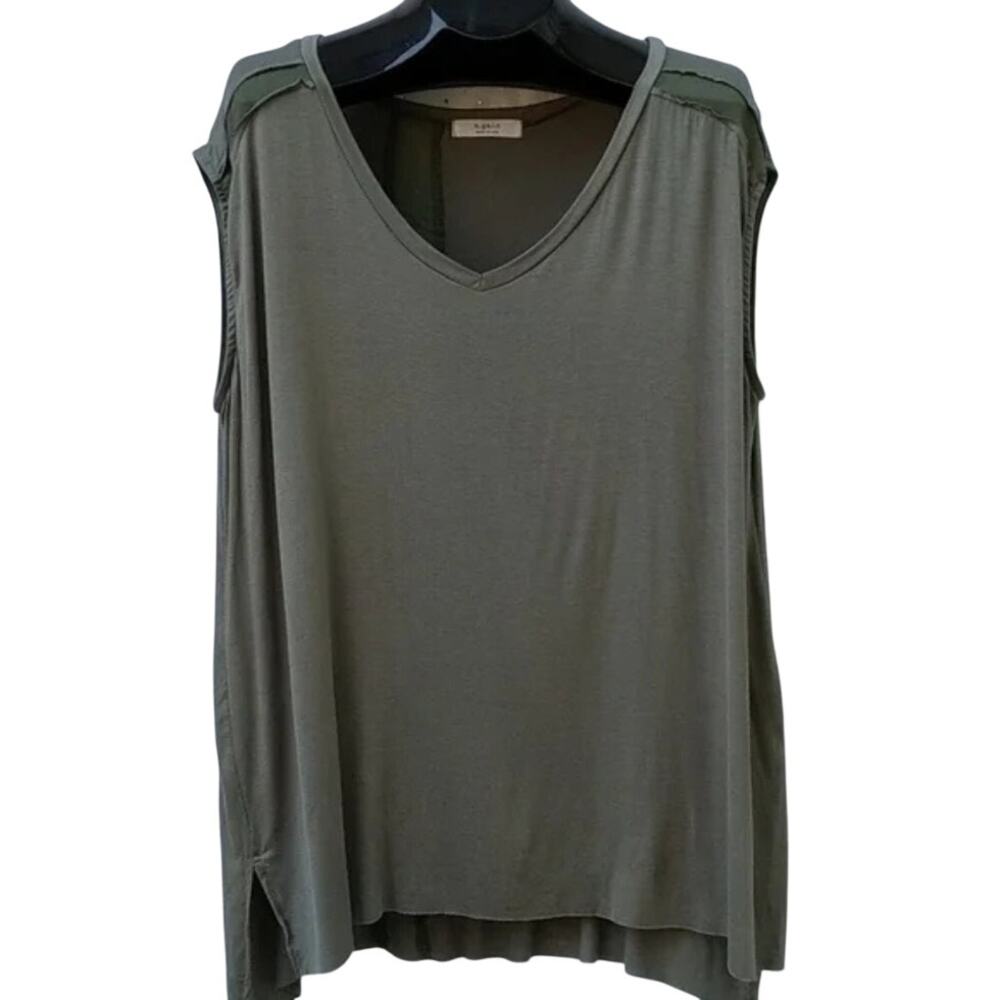 A. GAIN Sleeveless Olive Green V-Neck Tank Top Shell Mesh Plus 3X NEW Summer
